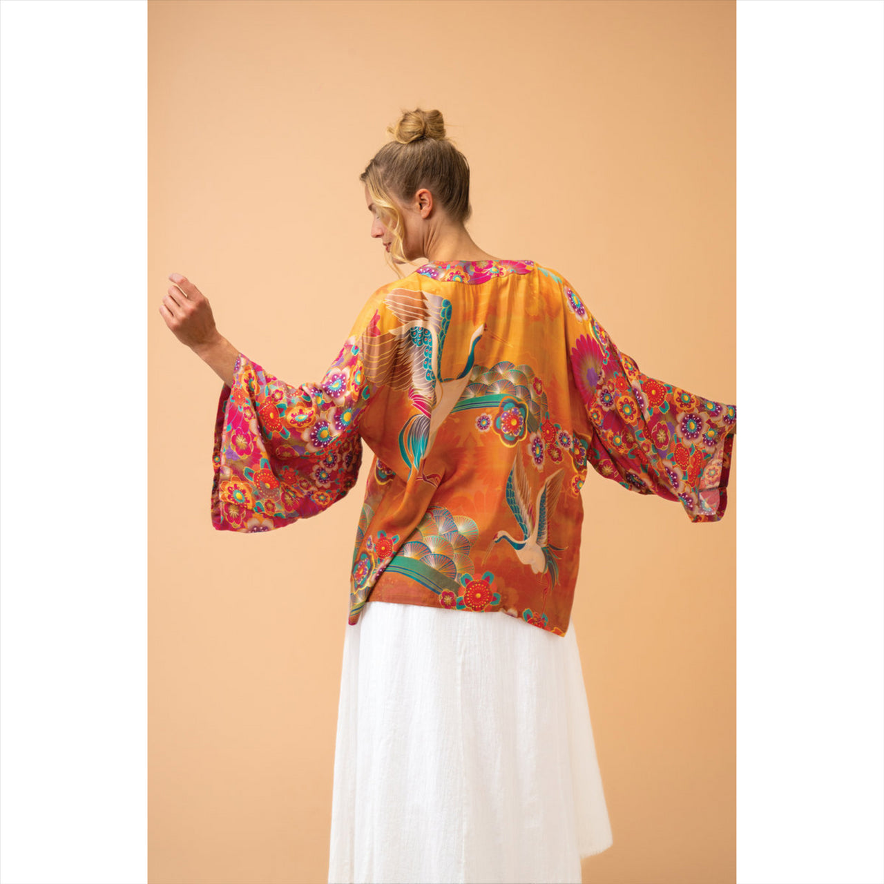 Powder Golden Cranes Kimono Jacket | Mustard