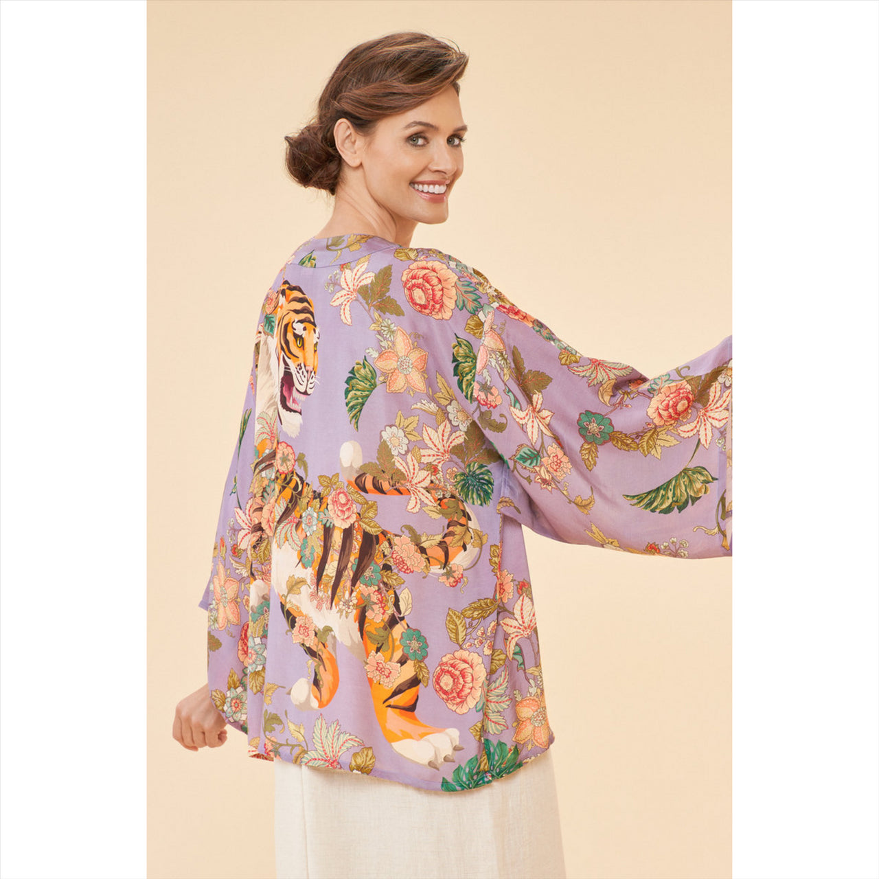 Powder Prancing Tiger Kimono Jacket | Lavender