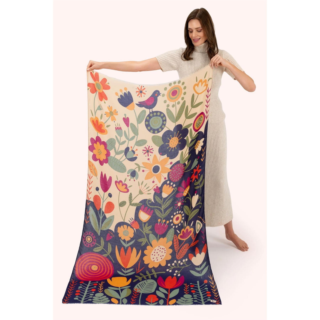 Powder Scandi Two-Tone Floral Print Scarf | Navy/Cream