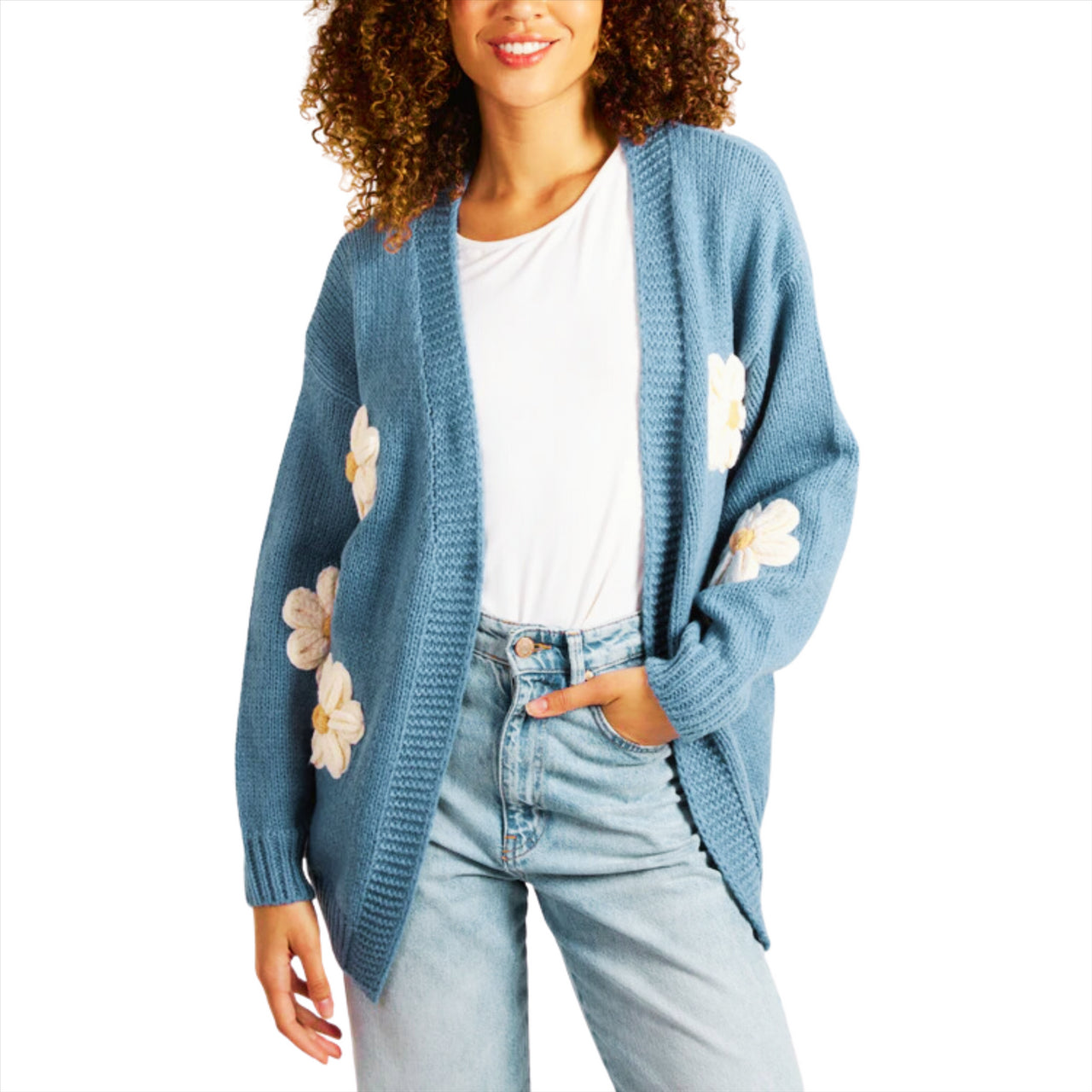 Daisy Flower Knitted Cardigan | Denim Blue