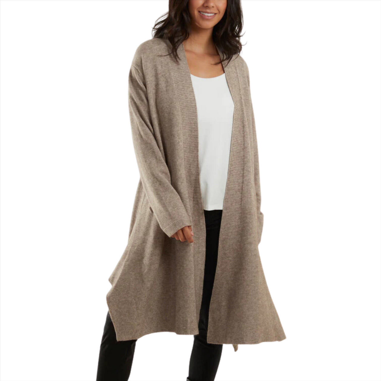 Edge to Edge Fine Knit Mid Length Cardigan | Taupe