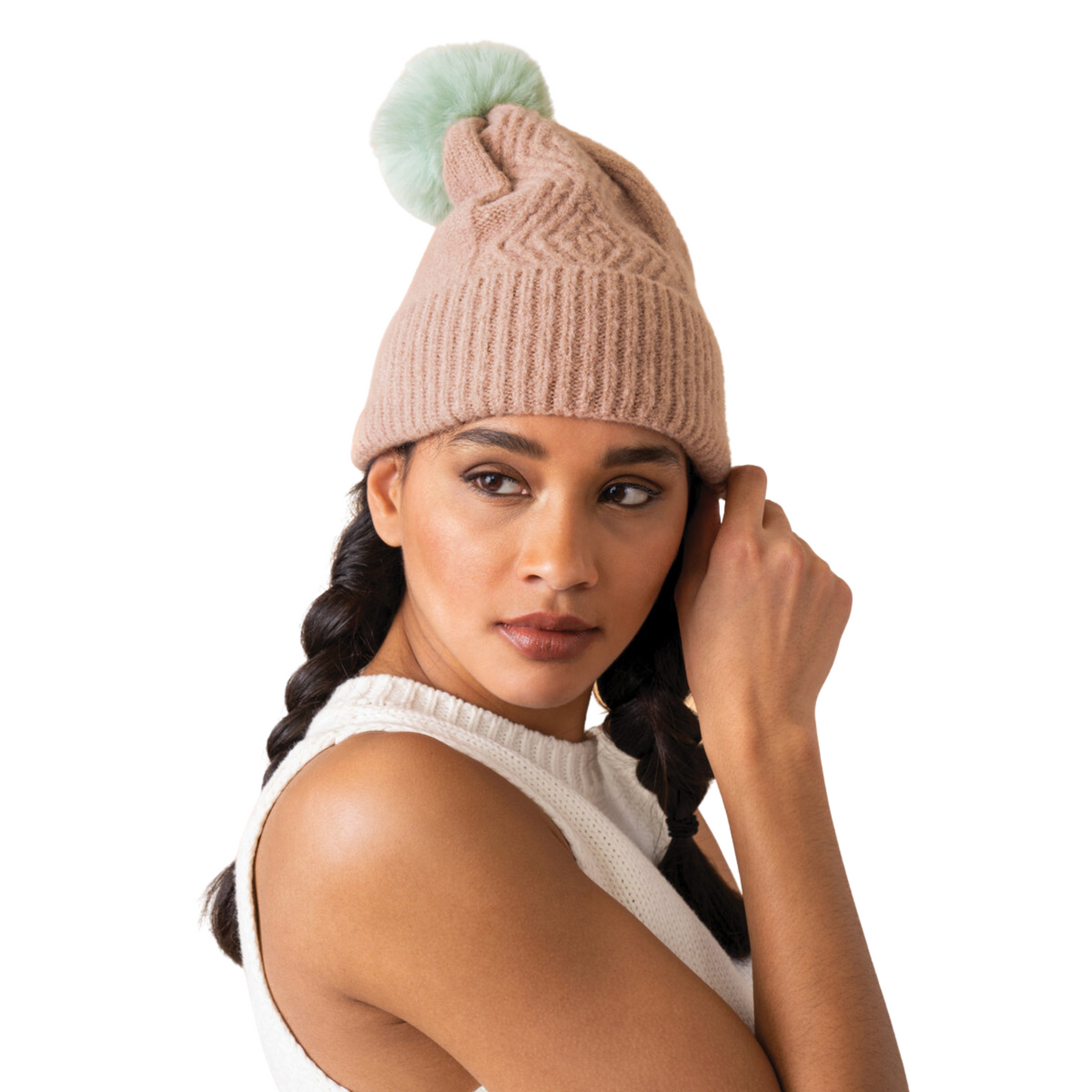 Powder Ingrid Cosy Knit Bobble Hat | Taupe & Aqua