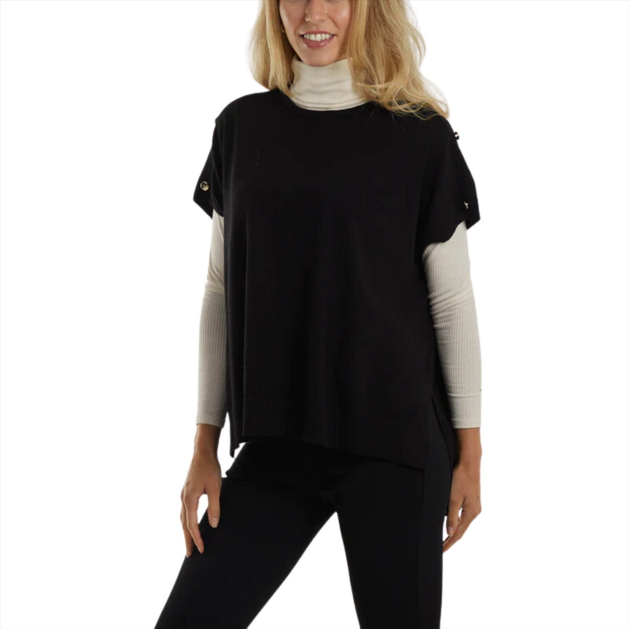Short Sleeve Button Detail Poncho Top | Black
