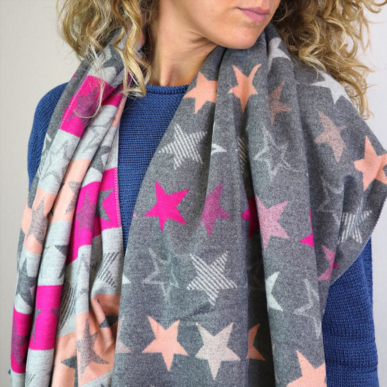 POM Stars and Stripes Reversible Jacquard Scarf | Pink & Grey
