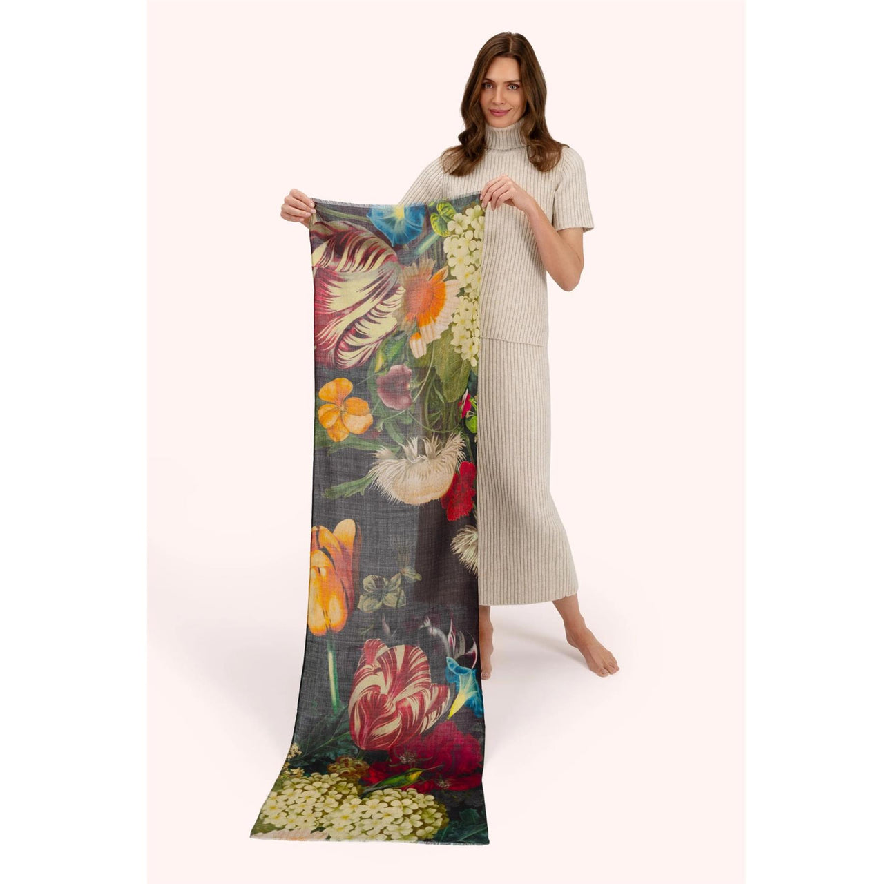 Powder Opulent Florals Wool Wrap Scarf | Chocolate