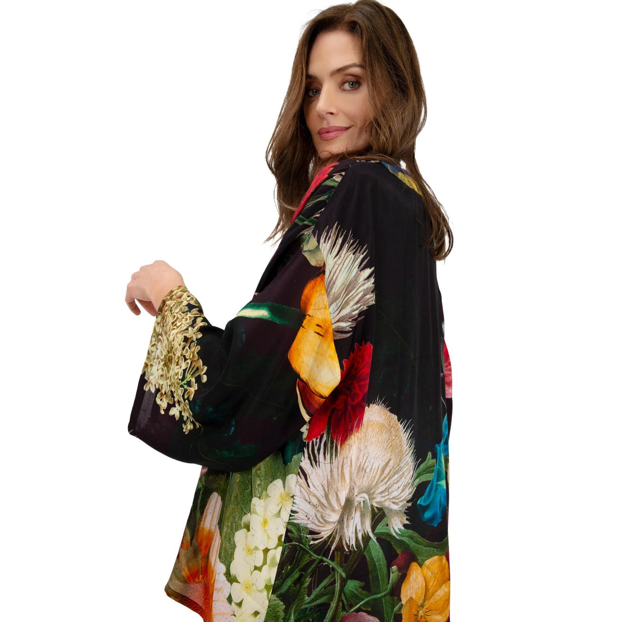 Powder Opulent Florals Mid-Length Kimono | Chocolate