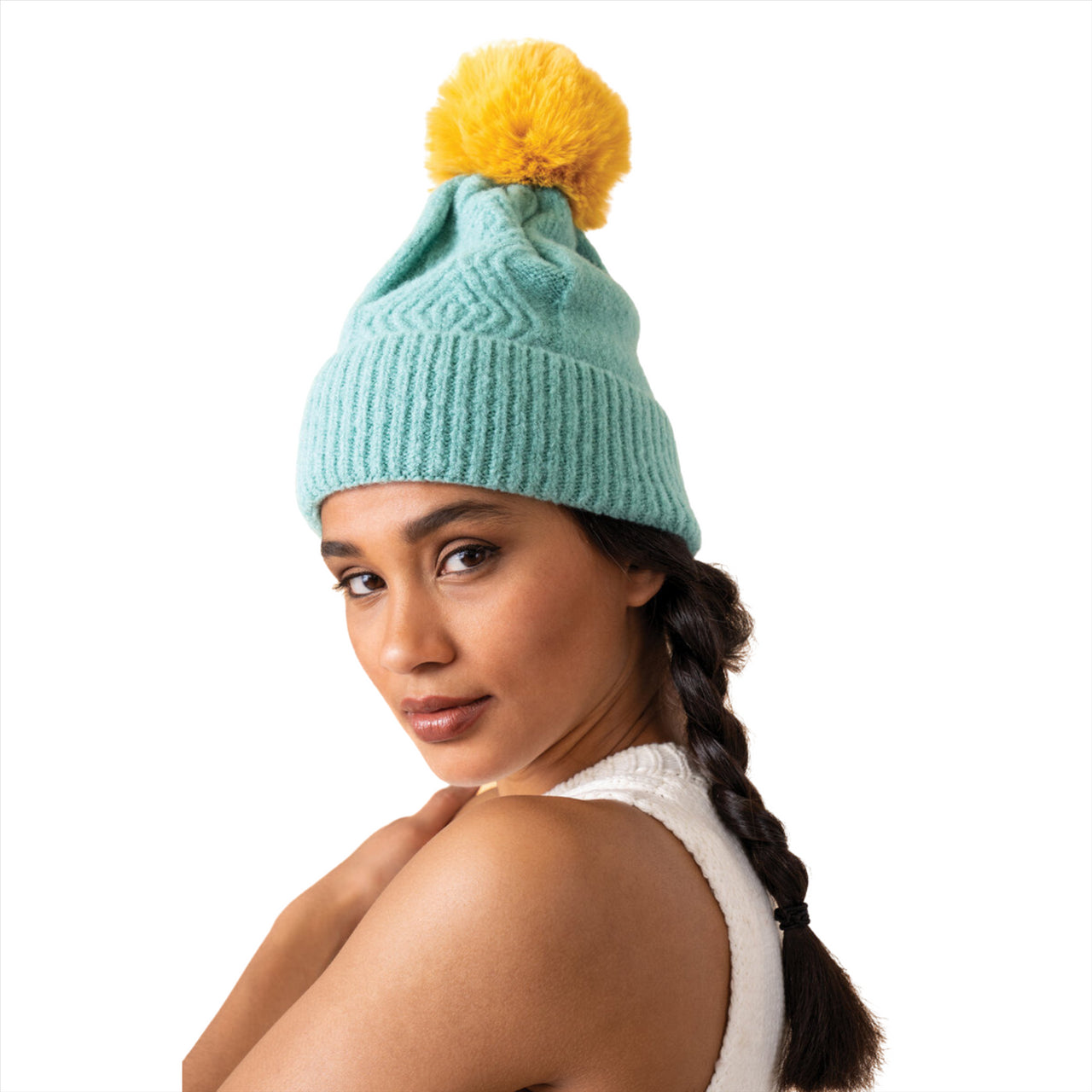 Powder Ingrid Cosy Knit Bobble Hat | Aqua & Mustard