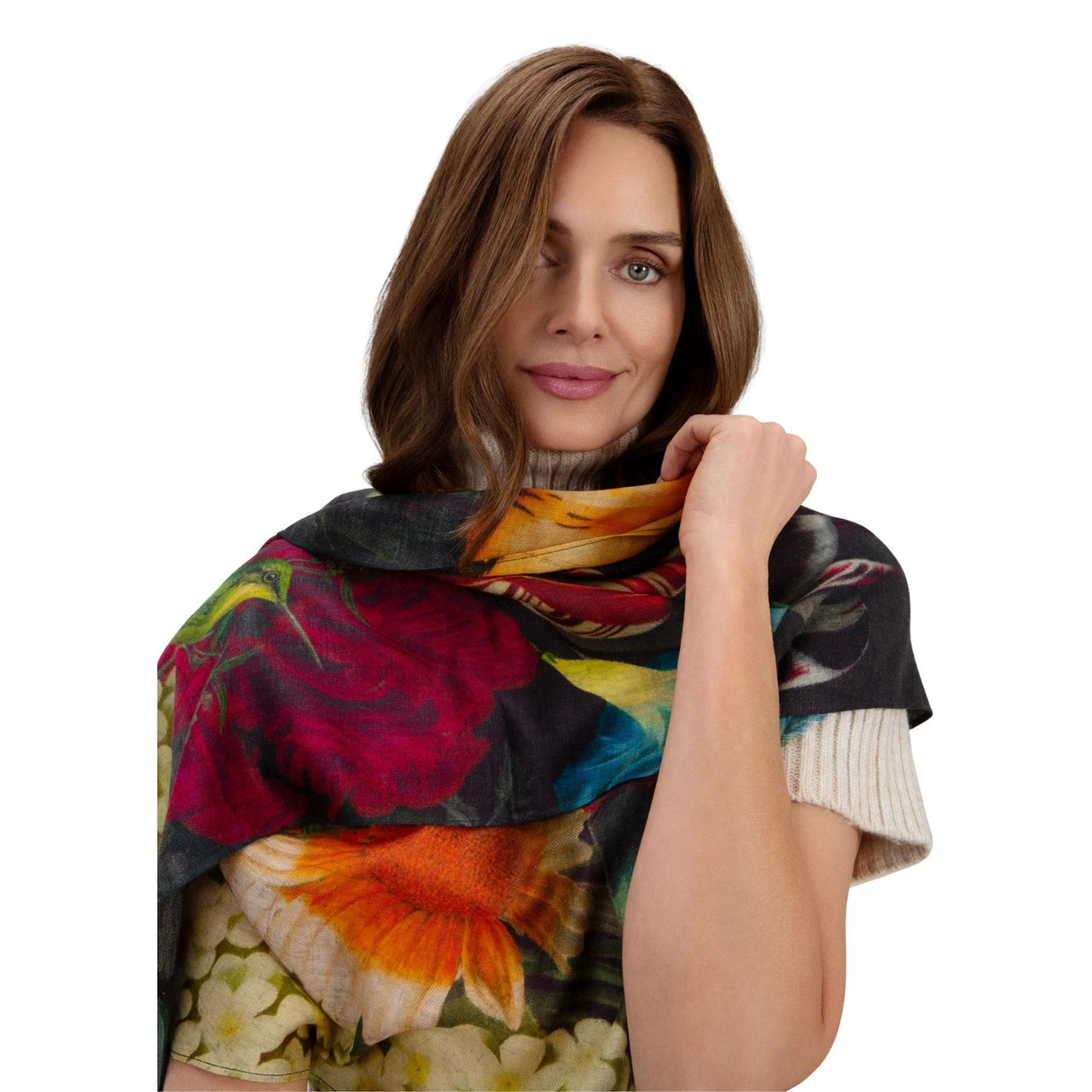 Powder Opulent Florals Wool Wrap Scarf | Chocolate