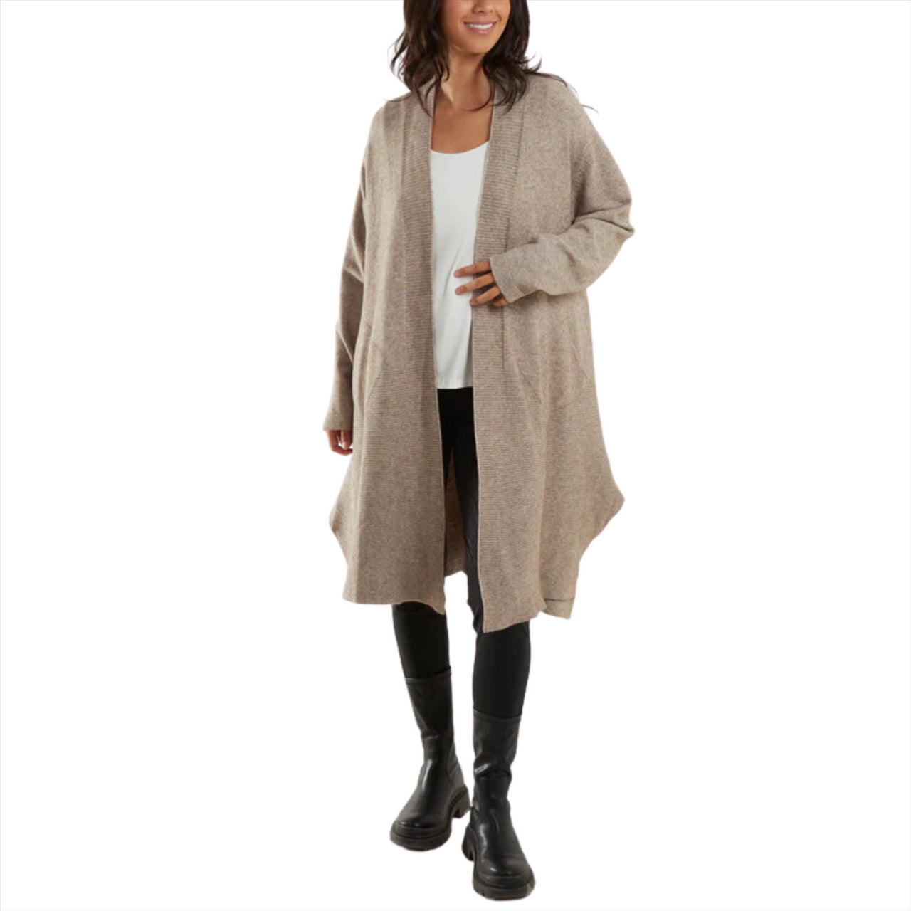 Edge to Edge Fine Knit Mid Length Cardigan | Taupe
