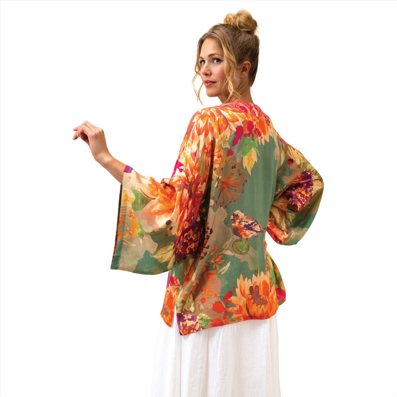 Powder Birds and Blooms Kimono Jacket | Sage