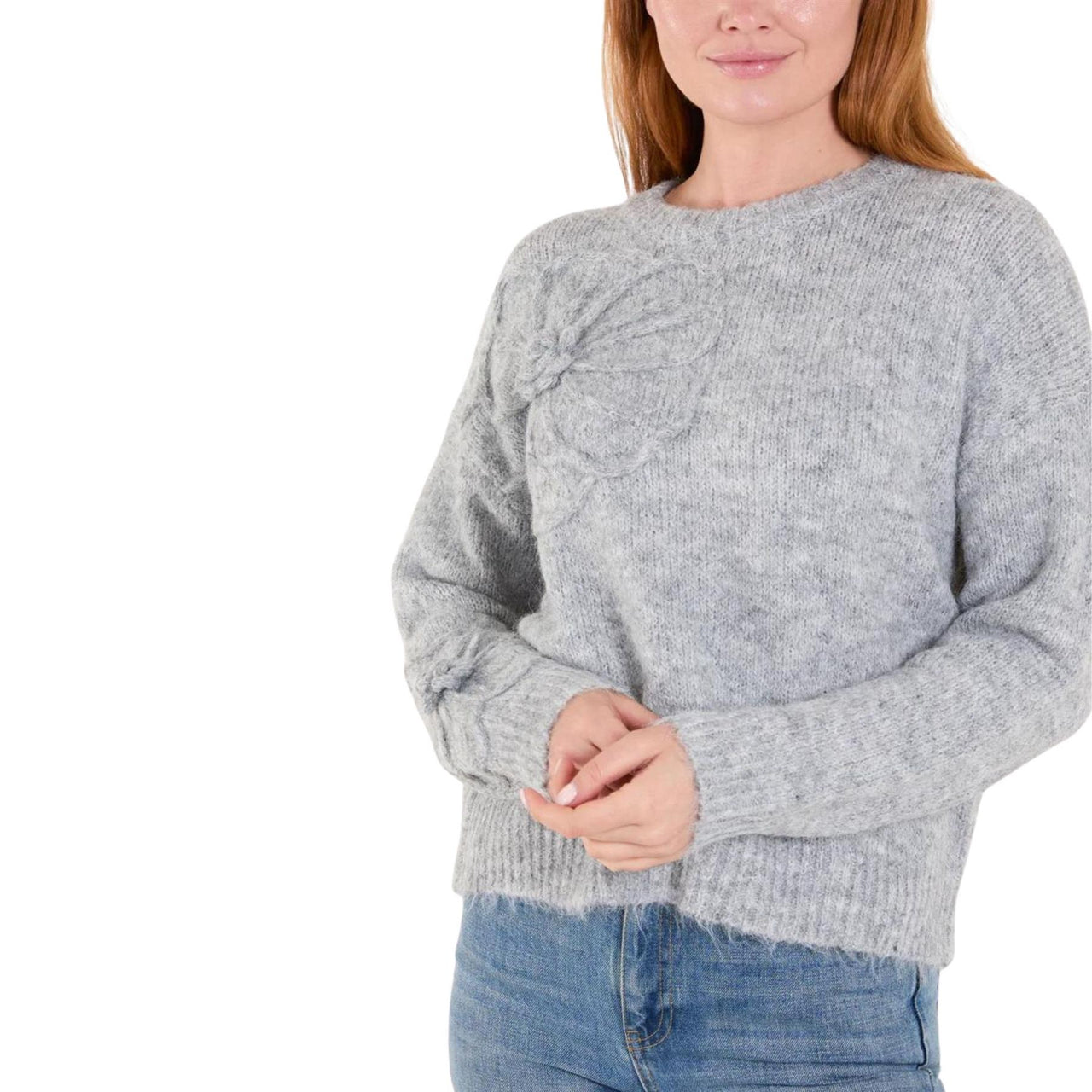 Large Flower Knit Embroidered Jumper | Light Grey