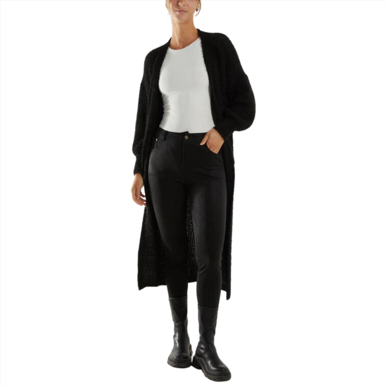 Soft Touch Balloon Sleeve Longline Cardigan | Black | One Size