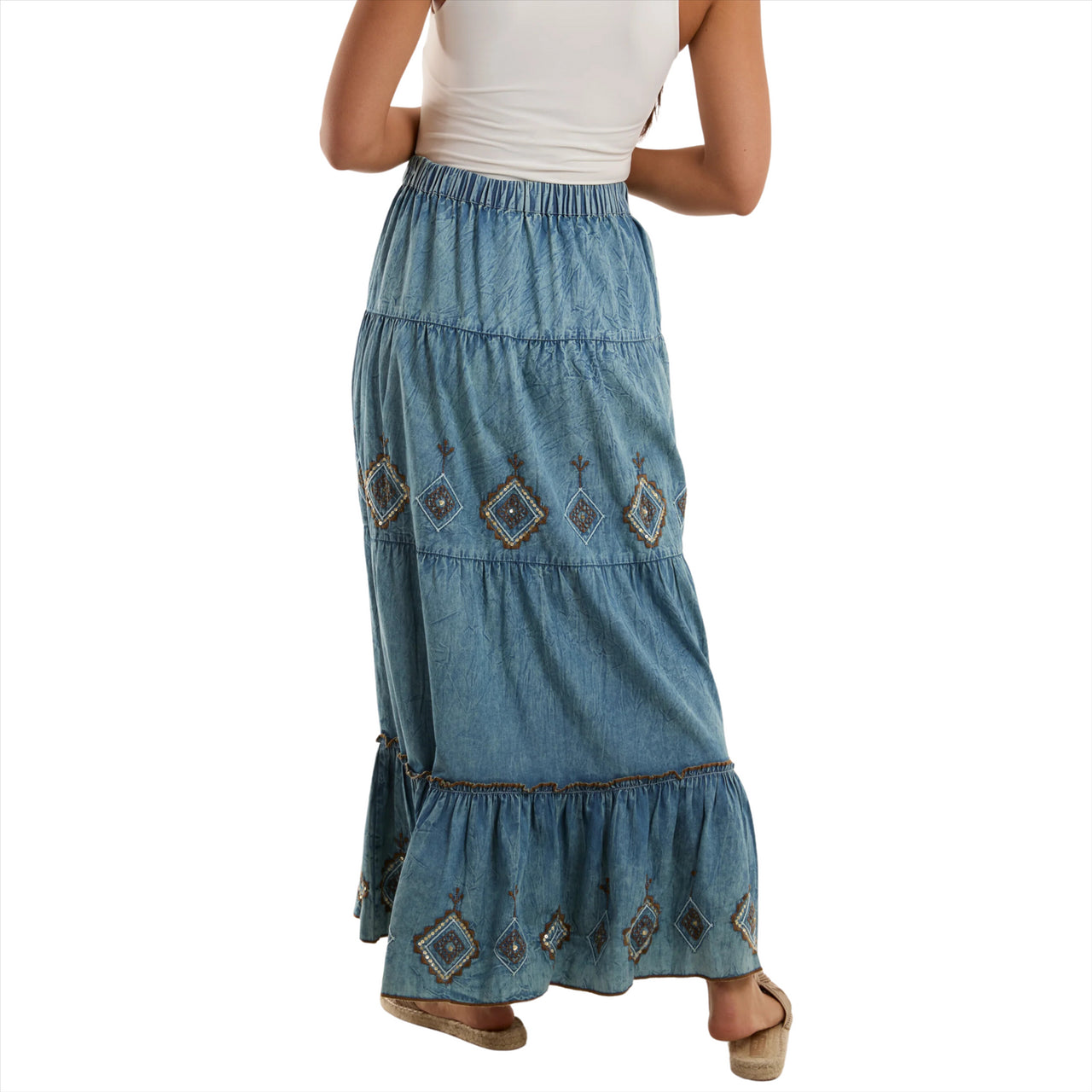 Denim Embroidered Tiered Maxi Skirt