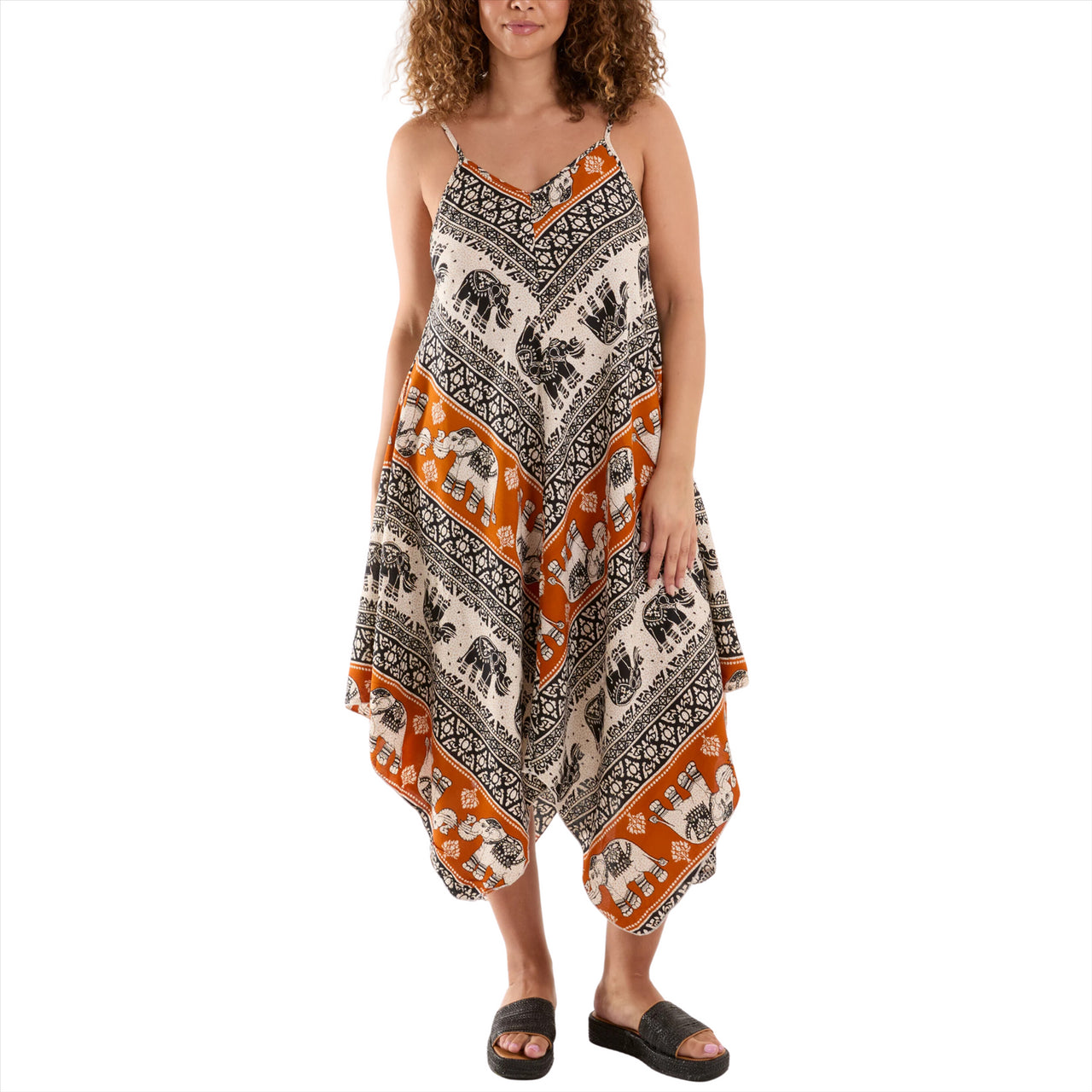 Elephant Print Hanky Hem Cami Beach Dress | Rust