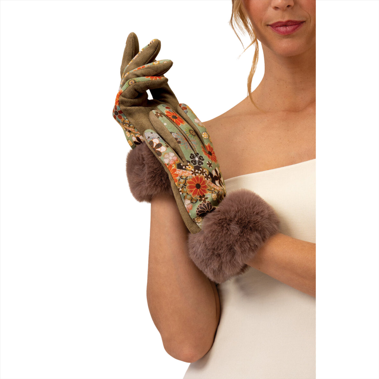 Powder Bernadette 70s Floral Kaleidoscope Gloves  | Olive/Rust