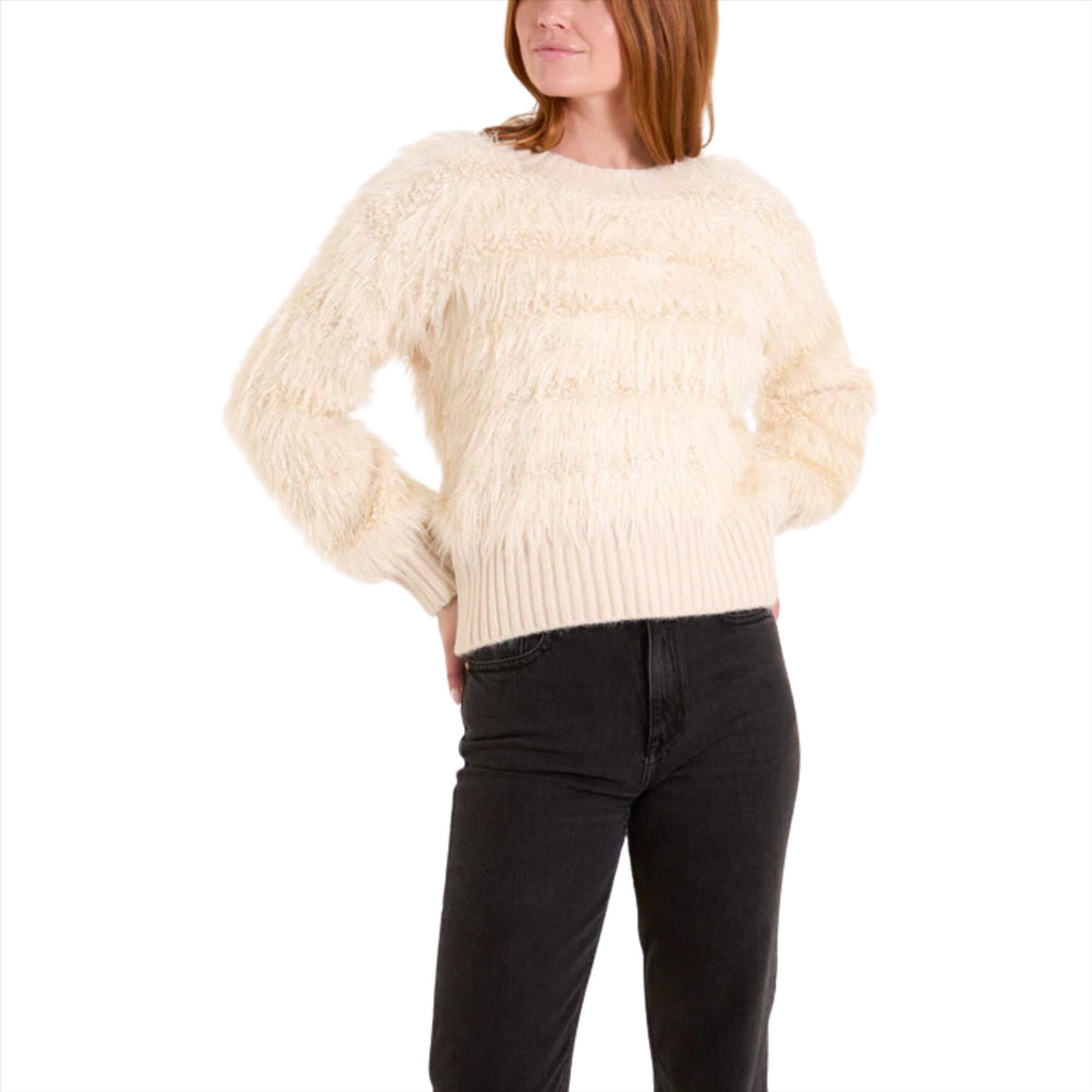 Sparkly & Fluffy Contrast Stripe Jumper | Stone