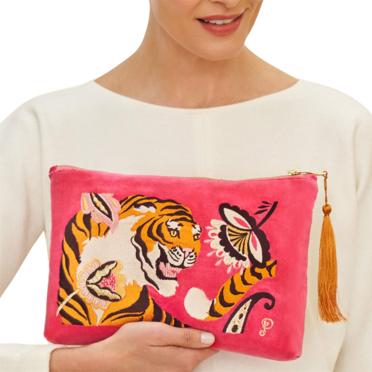 Powder Thrill of the Tiger Velvet Zip Pouch | Fuchsia