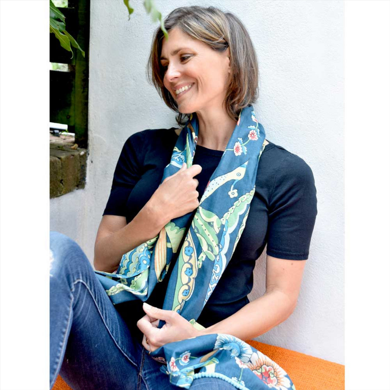 Floral Exotic Bird Scarf With Blue Pom-Pom Trim | Blue | One Size
