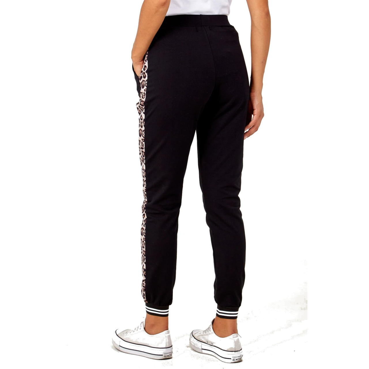 Yasmin Leopard Side Stripe Cuffed Jogger | Black
