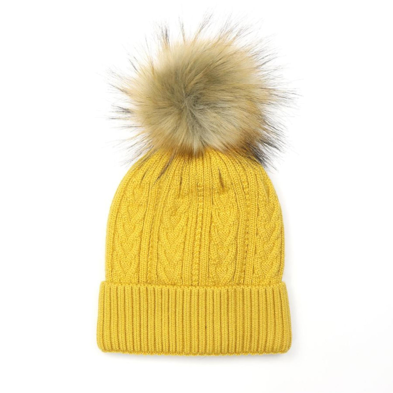 POM Cable Knit Faux Fur Bobble Hat | Mustard