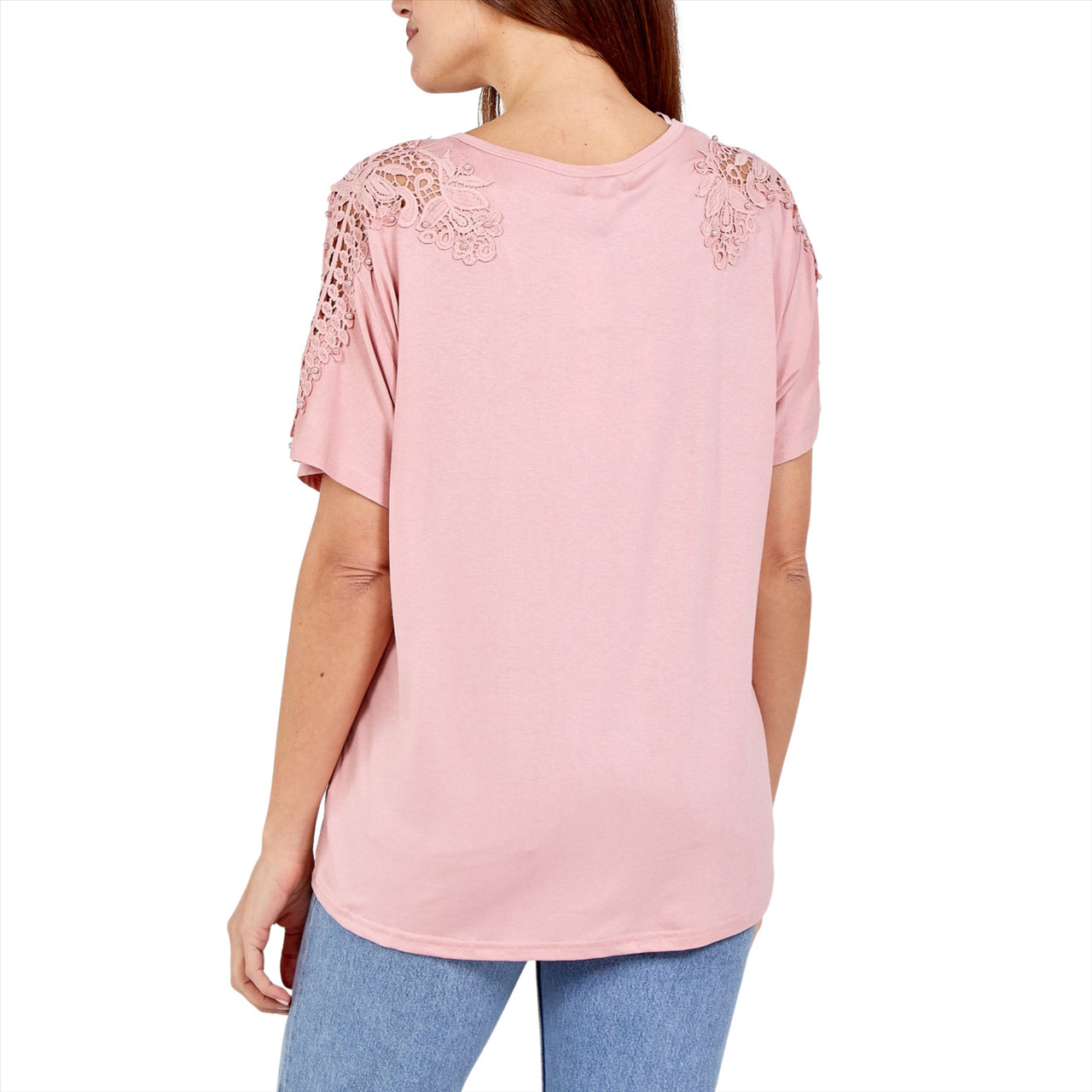 Zoe Lace and Stud Short Sleeve Top | Pink