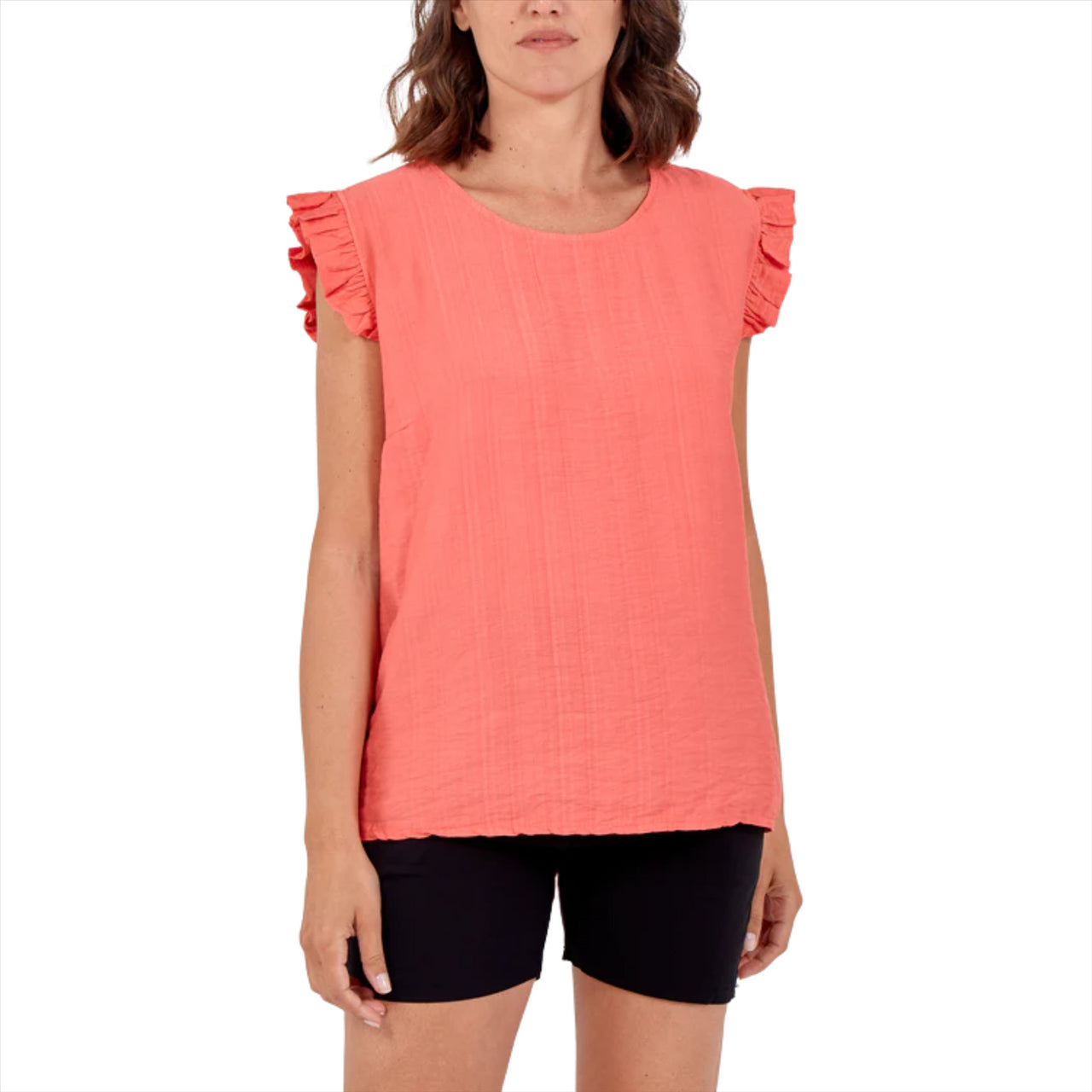 Linen Look Frill Sleeve Button Back  Top | Coral | One Size