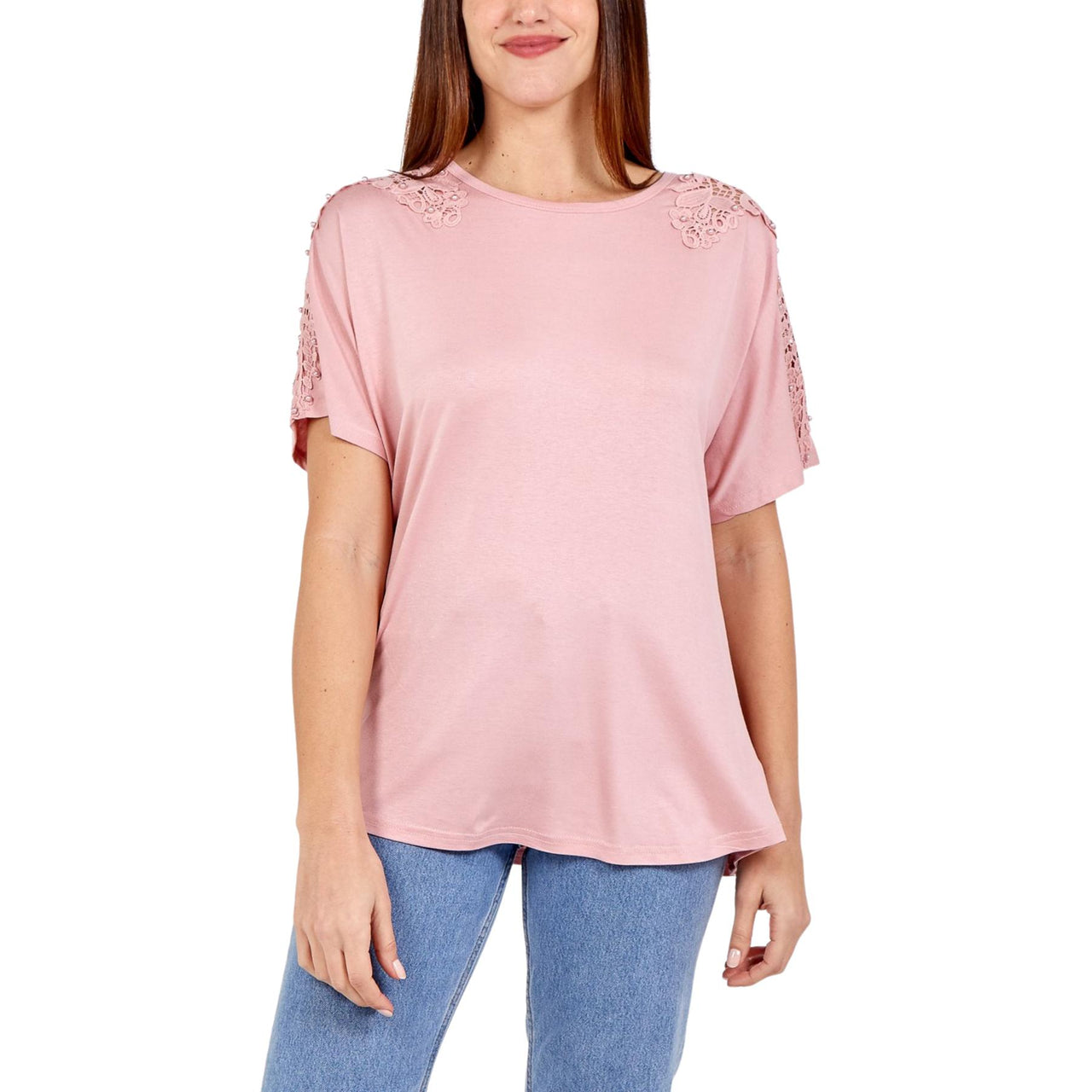 Zoe Lace and Stud Short Sleeve Top | Pink
