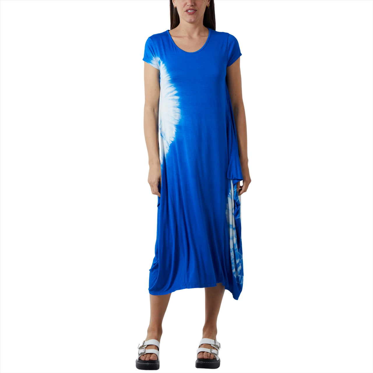 Tie Dye Short Sleeve Parachute Midi Dress | Royal Blue | One Size
