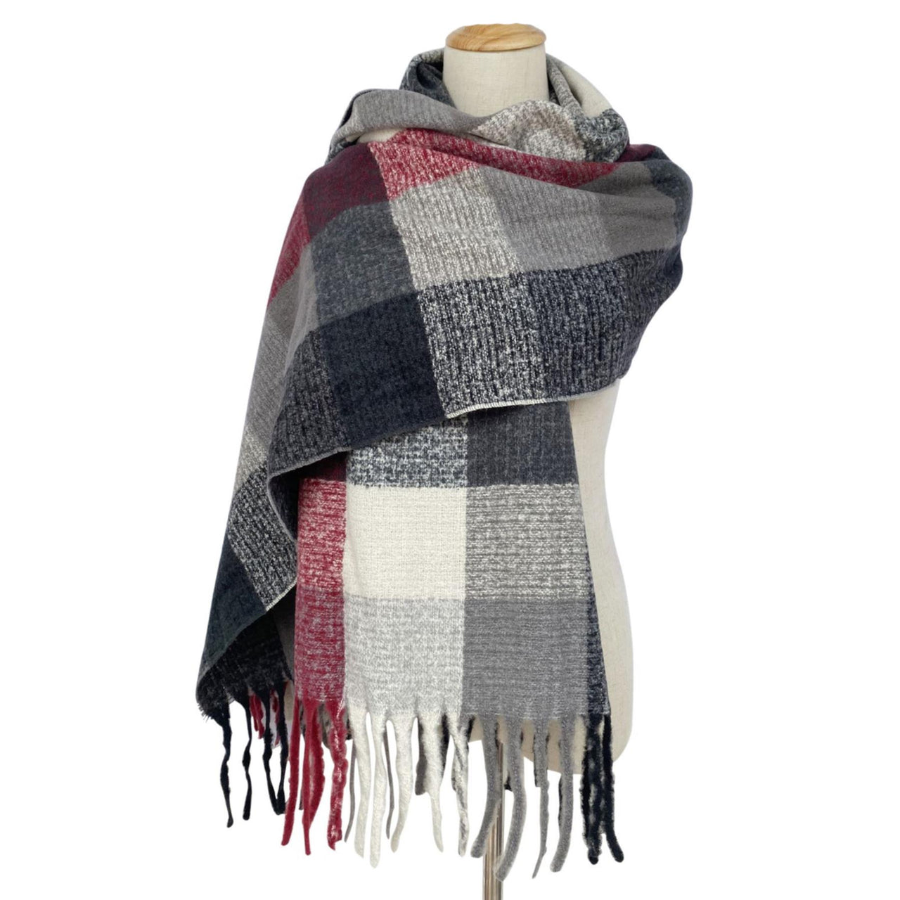 Boucle Check Tartan Tassel Scarf | Charcoal