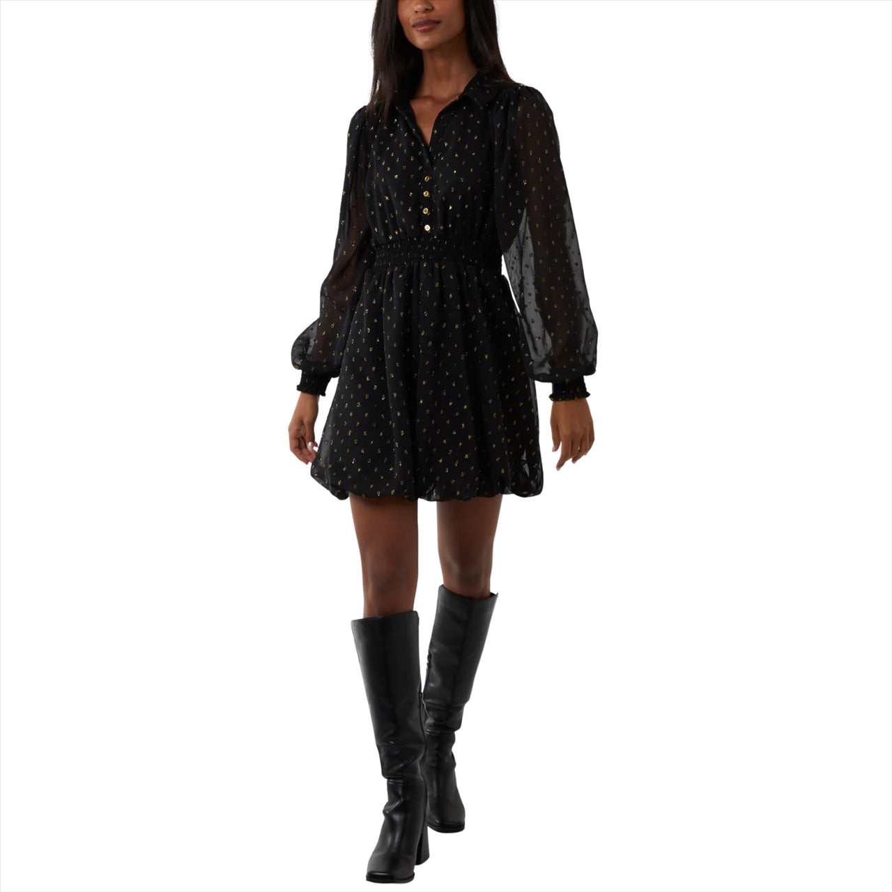 Black and Gold Puff Skirt Mini Dress