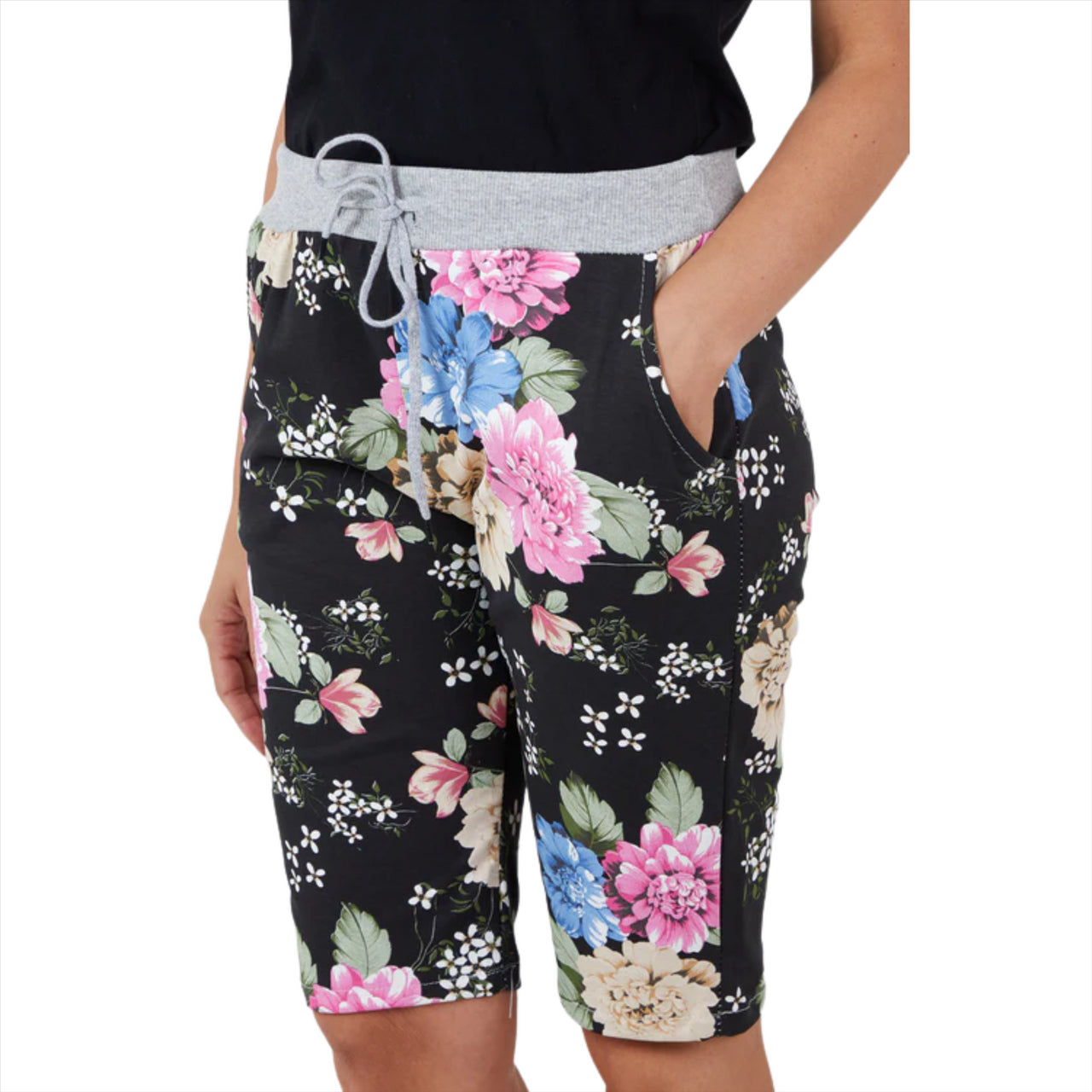 Womens Floral Soft Slouch Shorts | Black | One Size