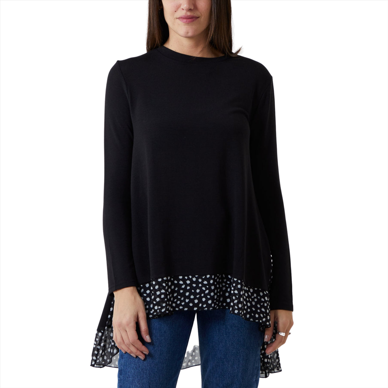 Abstract Spot Chiffon Insert Tunic Top | Black