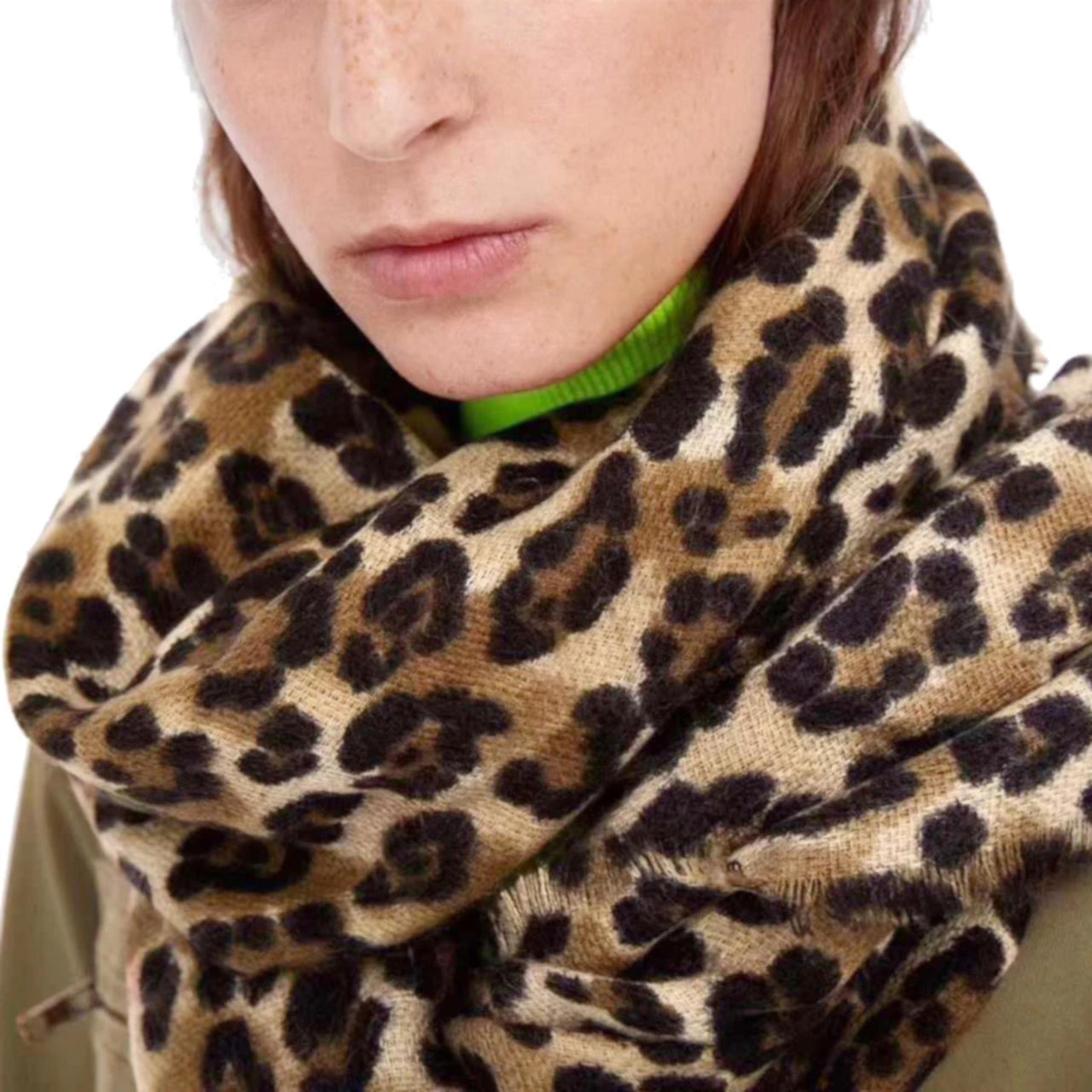 Leopard Wool Mix Frayed Edge Scarf | Brown