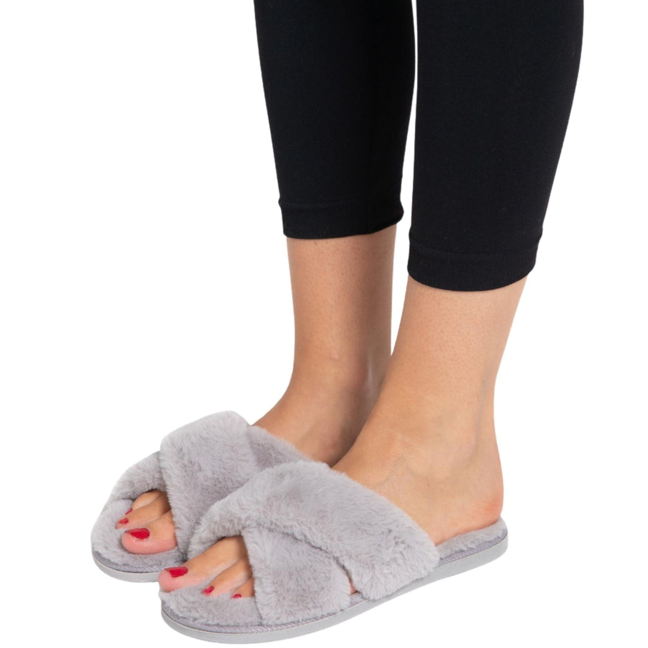 Miss Sparrow Faux Fur Cross Over Slippers | Grey