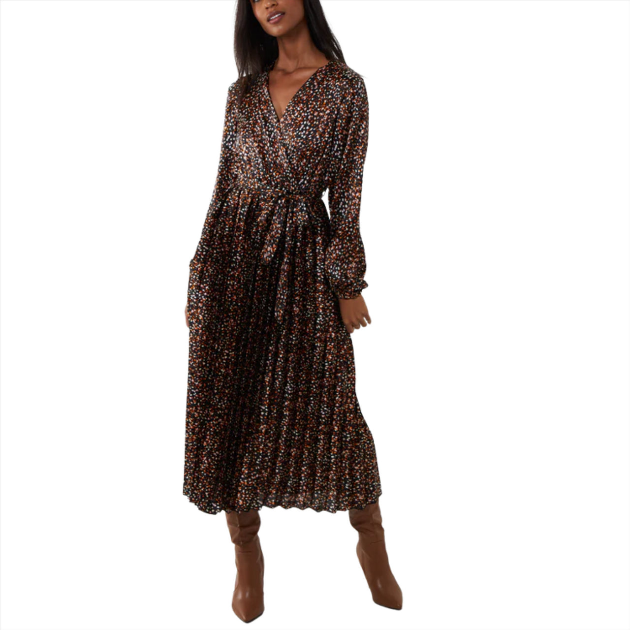 Abstract Dot Wrap Front Pleated Midi Dress