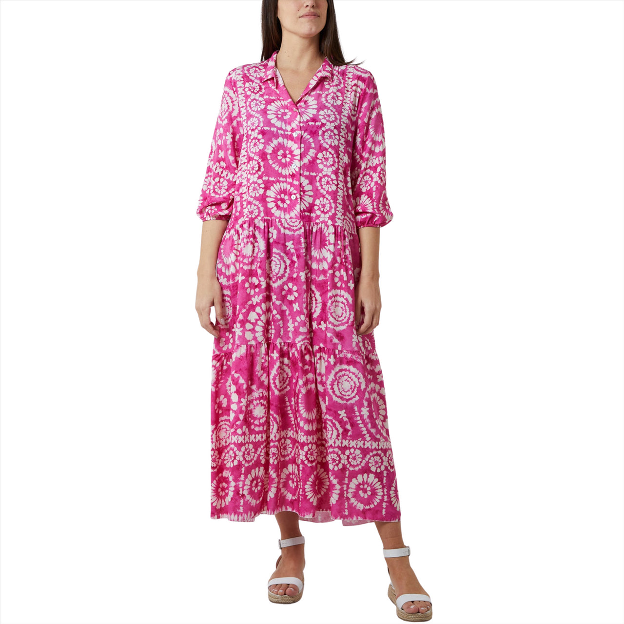 Batik Print Maxi Shirt Dress | Fuchsia | One Size