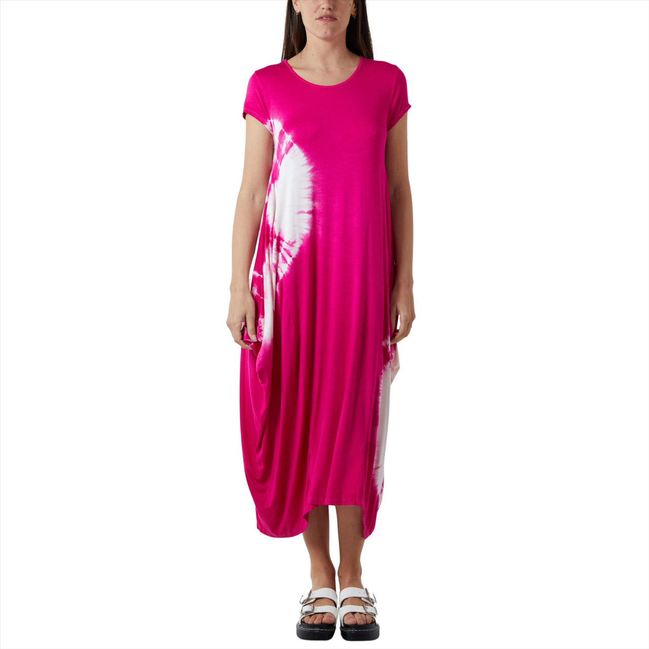 Tie Dye Short Sleeve Parachute Midi Dress | Fuchsia | One Size