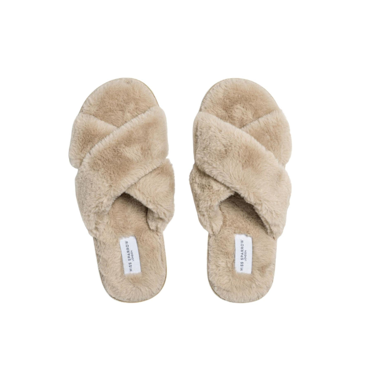 Miss Sparrow Faux Fur Cross Over Slippers | Beige