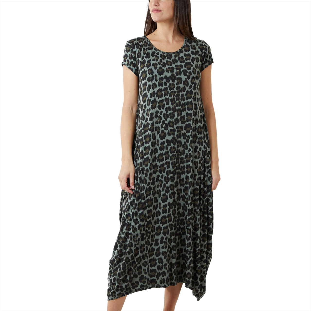 Leopard Print Cap Sleeve Parachute Dress | Khaki | One Size