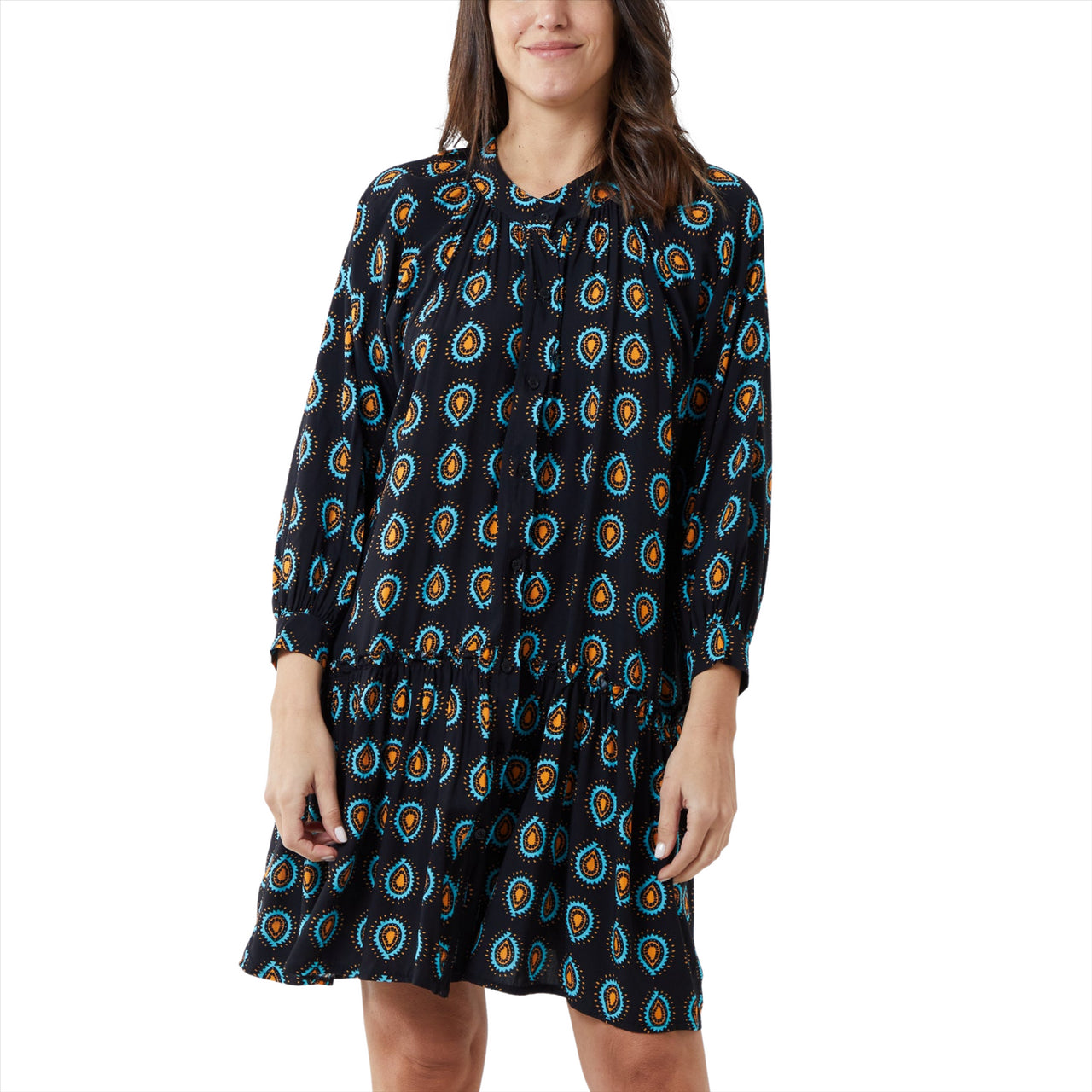 Abstract Paisley Print Smock Dress | Black | One Size