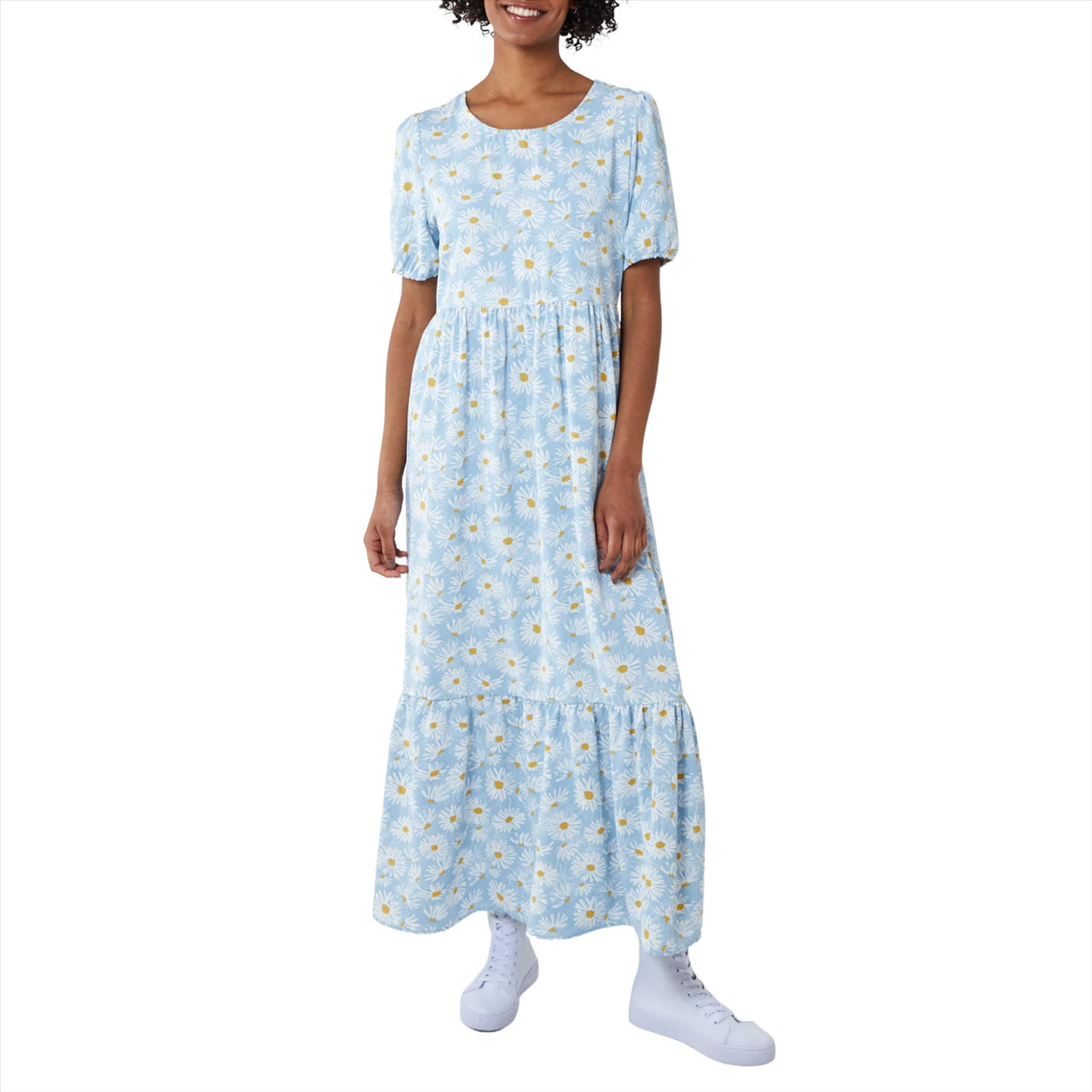 Daisy Print Short Sleeve Tiered Maxi Dress | Cornflower Blue
