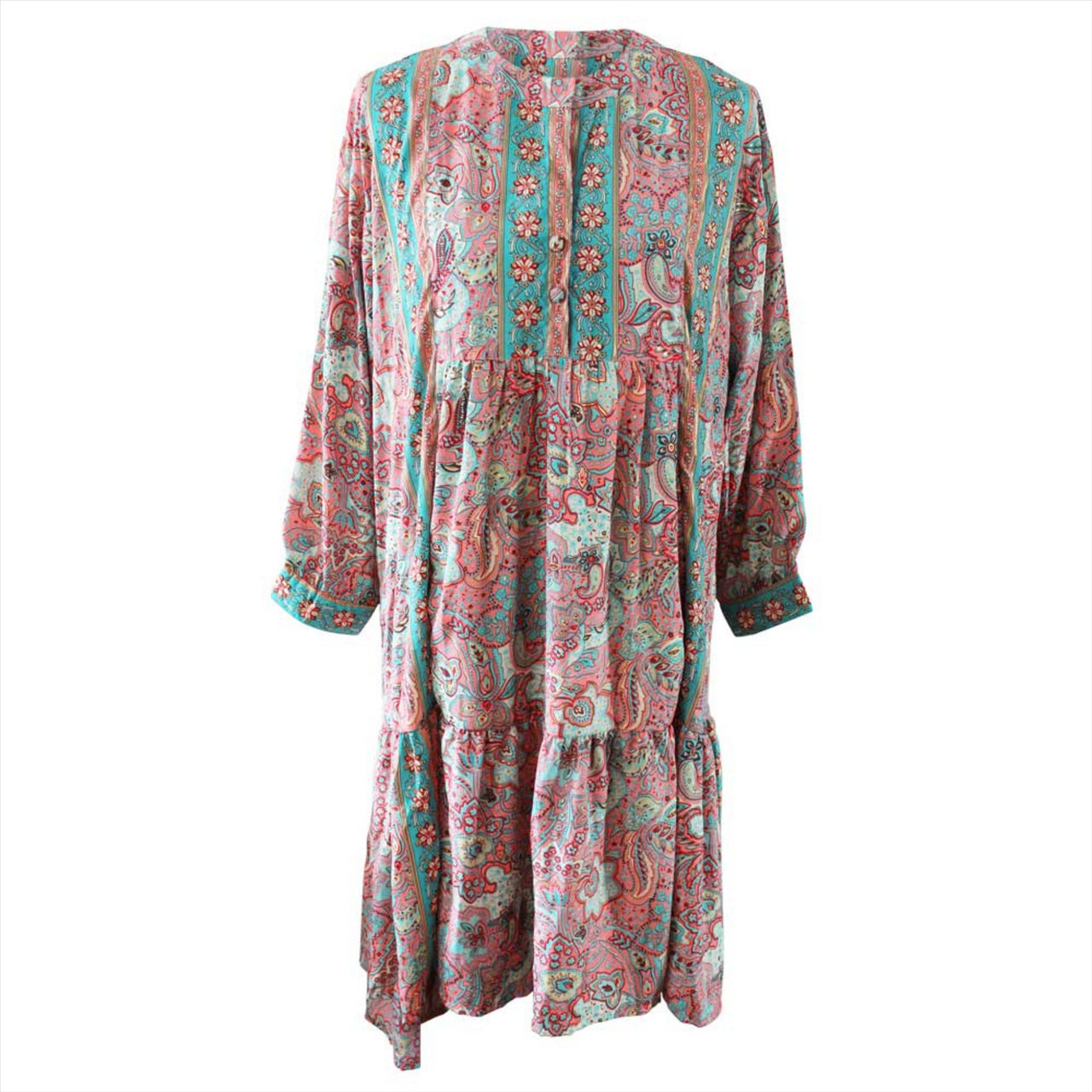 Powell Craft ‘Sky’ Ruffled Hem Viscose Kaftan Shirt Dress | Blue/Pink | One Size