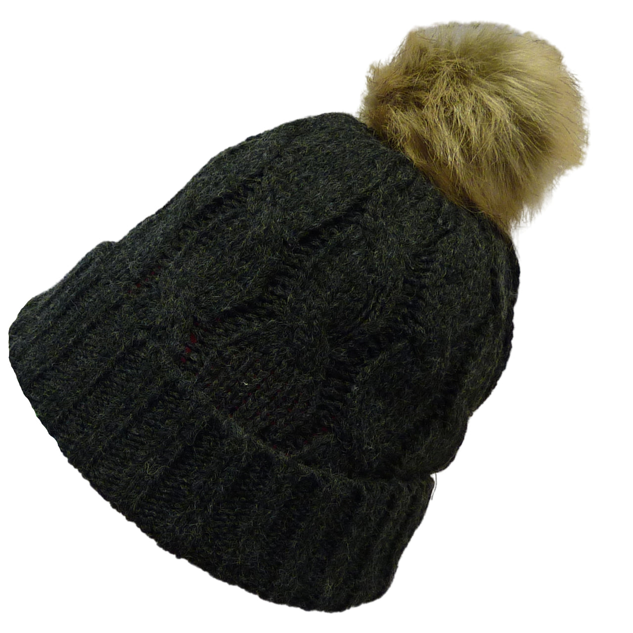 Plain Faux Fur Cable Twist Bobble Beanie Hat | Charcoal