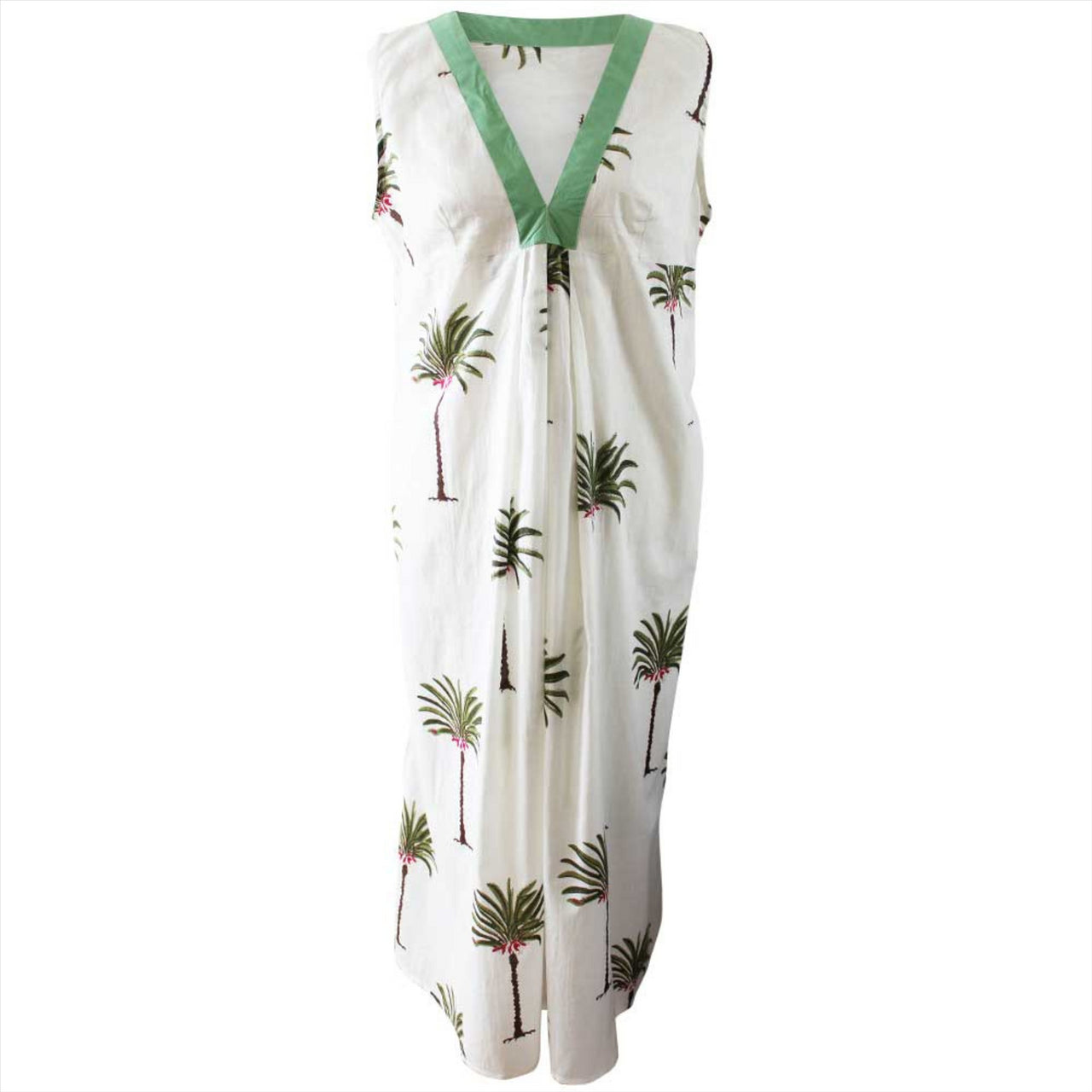 Powell Craft ‘Jaime’ Palm Tree V Neck Sleeveless Cotton Dress | White | One Size