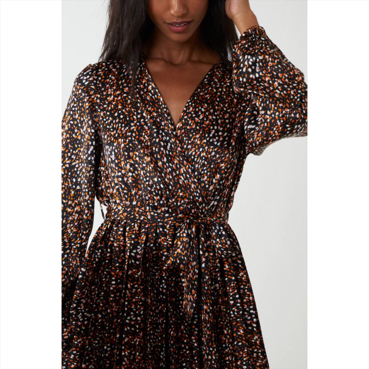 Abstract Dot Wrap Front Pleated Midi Dress