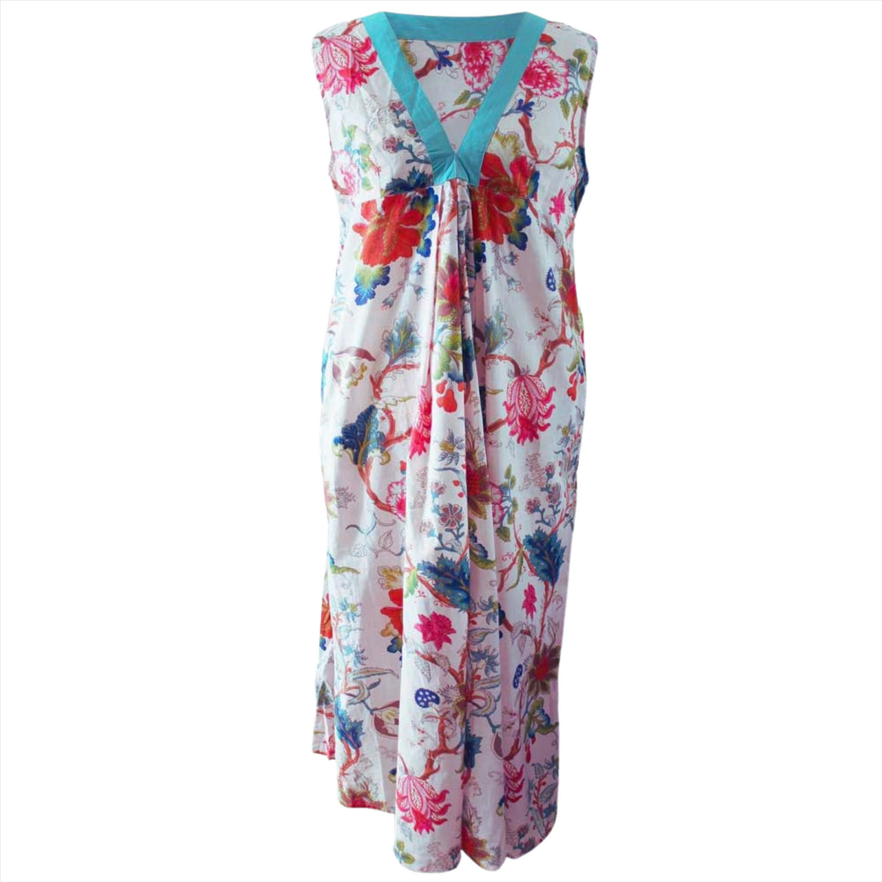 Powell Craft ‘Eden’ Exotic Flower V-Neck Sleeveless Cotton Dress | Pink | One Size