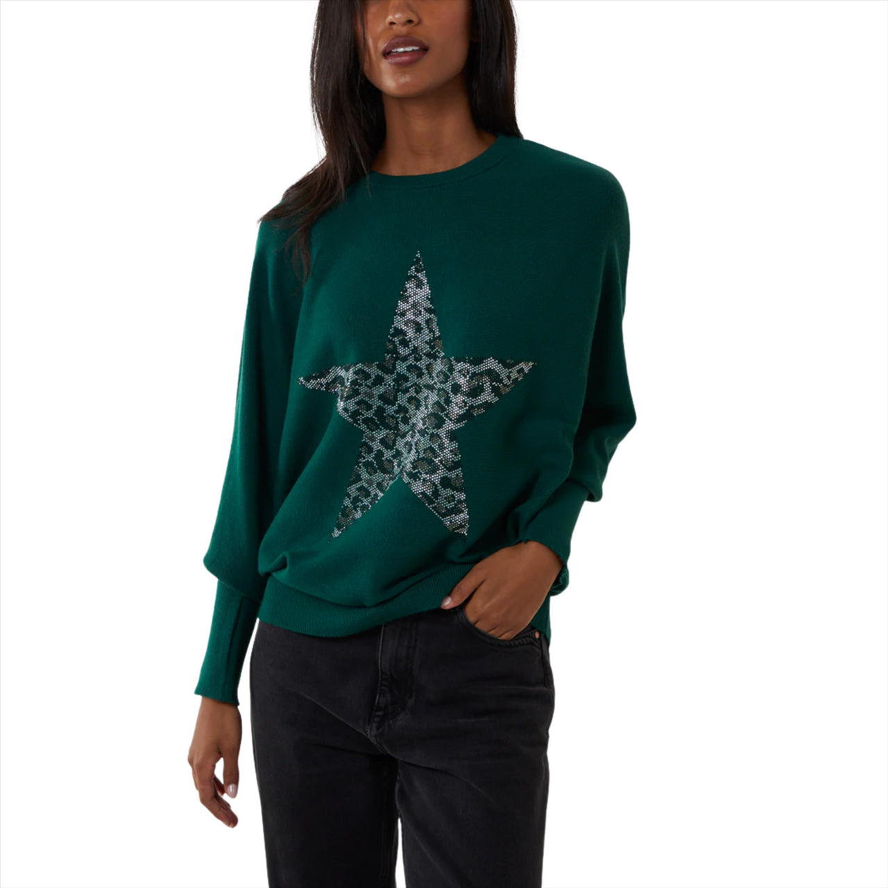 Sequin Animal Star Batwing Jumper | Bottle Green