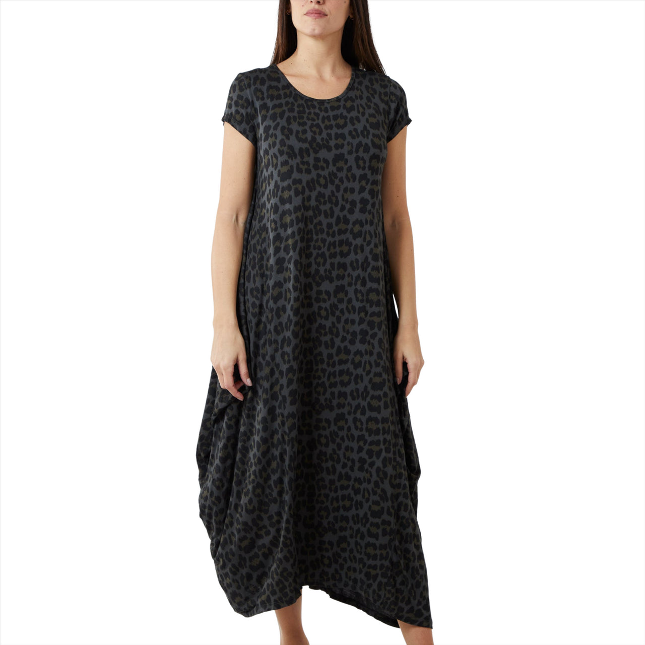 Leopard Print Cap Sleeve Parachute Dress | Charcoal