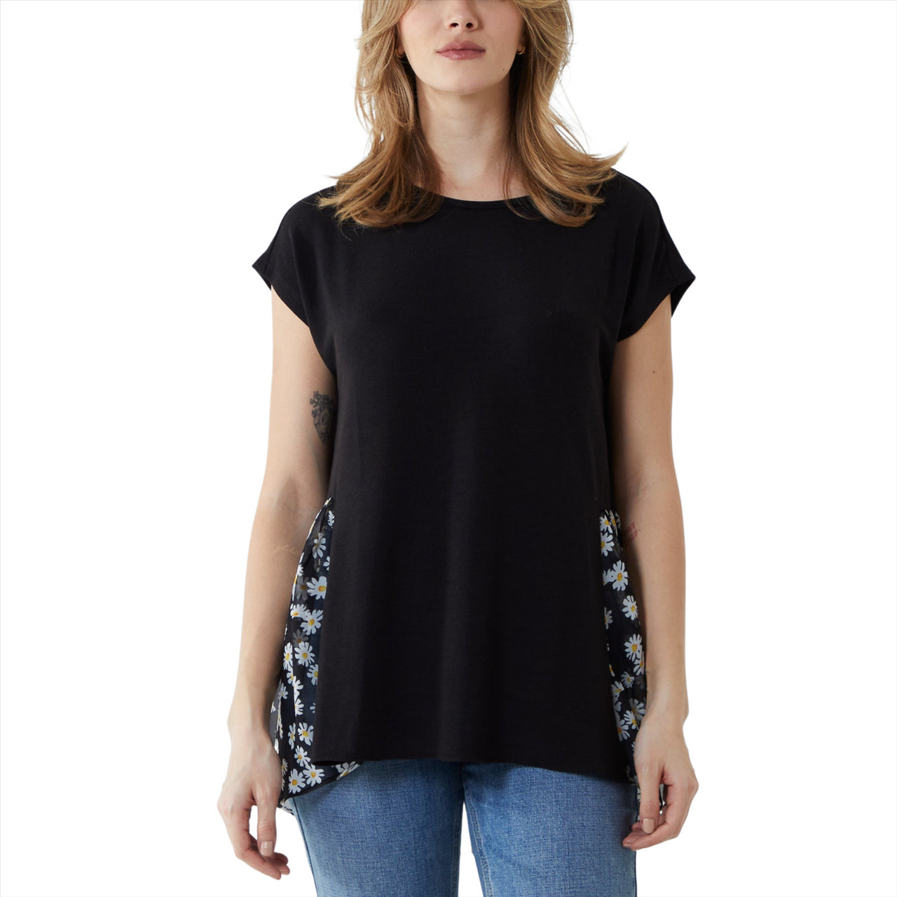 Daisy Print Chiffon Hem Top | Black