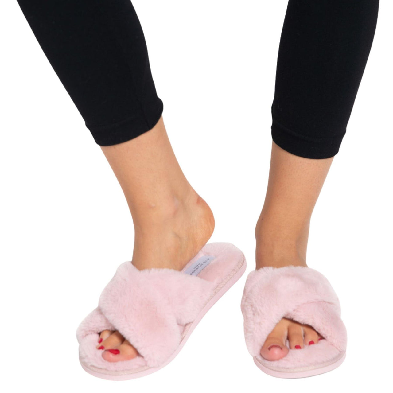 Miss Sparrow Faux Fur Cross Over Slippers | Pink